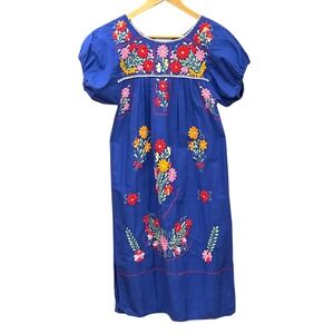 Vintage Trade Winds Mexican Embroidered Floral Blue Dress Boho Folk Oaxaca